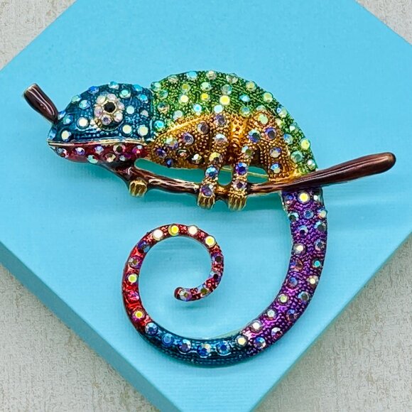Brand New Large Chameleon Brooch Chameleon Pin Rhinestone Chameleon Pendant - Picture 1 of 2
